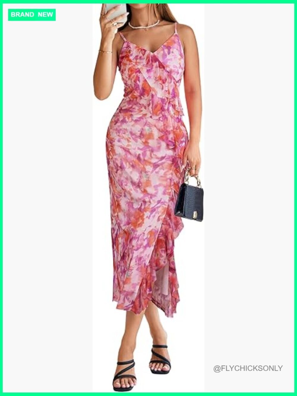 Mesh & Lining Floral Maxi Dress Bodycon V Neck Spaghetti Strap